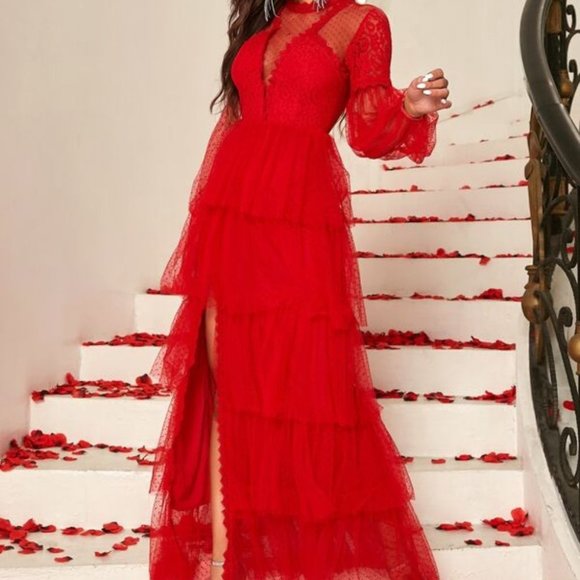 Be Mine Lantern Sleeve Guipure Lace Trim Mesh Dress RED - Picture 4 of 9